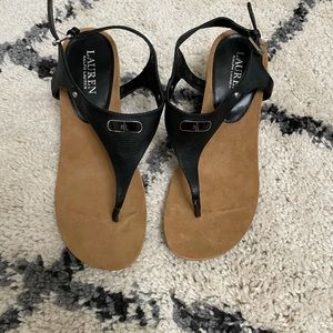 black leather Ralph Lauren wedge sandals NWOT